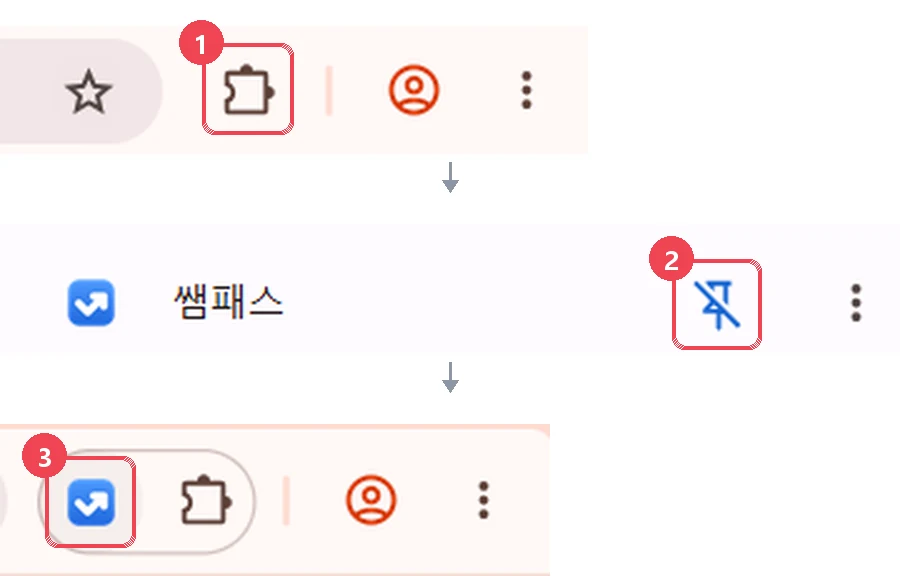 ① 퍼즐 모양 아이콘 → ② 쌤패스 줄의 핀 아이콘 → ③ 툴바에 생긴 쌤패스 아이콘